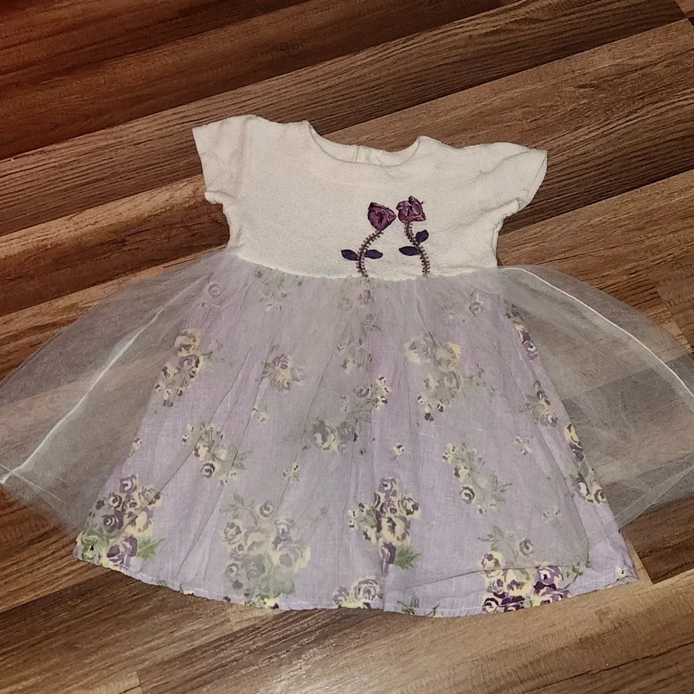 CachCach Purple & Cream Floral Print Dress w/ Tulle Skirt Size 3  Easter Spring